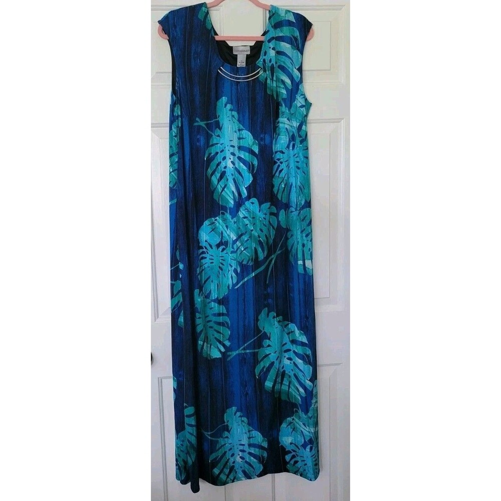 Catherines Maxi Dress Womens 1x 18/20W Blue Green Tropical Monstera Plus Size